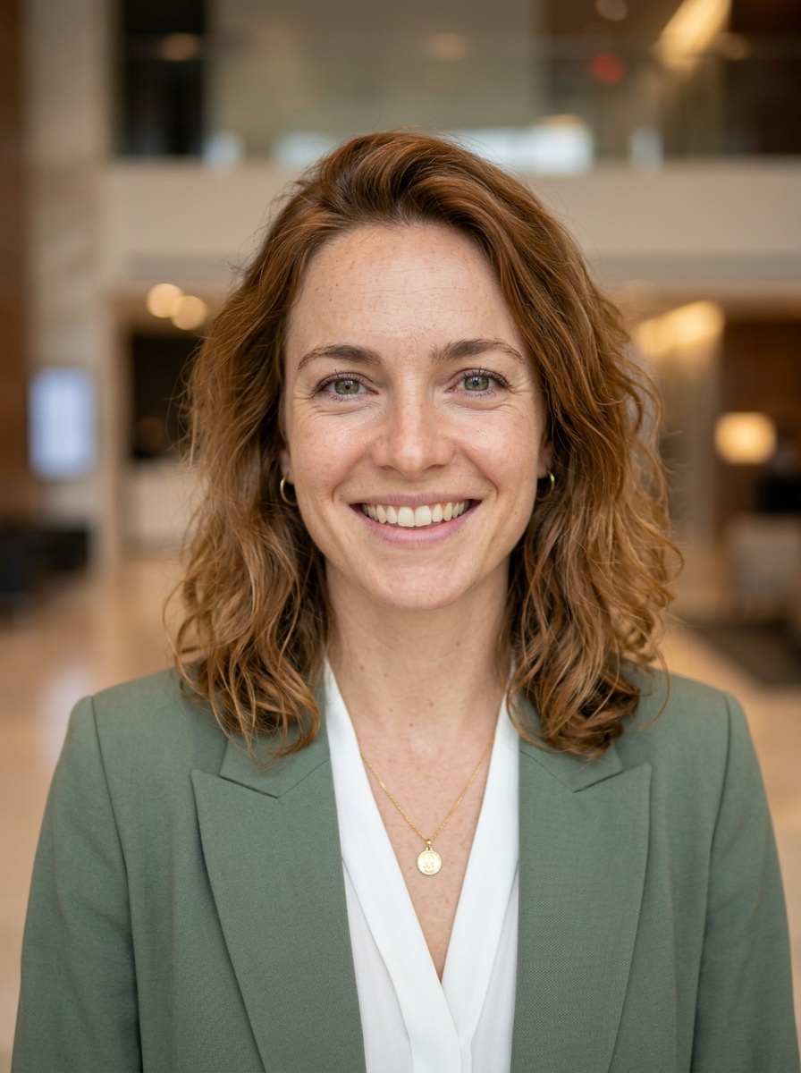 Professional AI LinkedIn headshot in Sage green blazer with white blouse (2026 trend) on Lobby (corporate lobby)