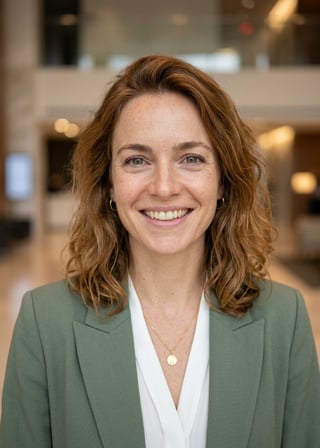 Professional AI LinkedIn headshot in Sage green blazer with white blouse (2026 trend) on Lobby (corporate lobby)