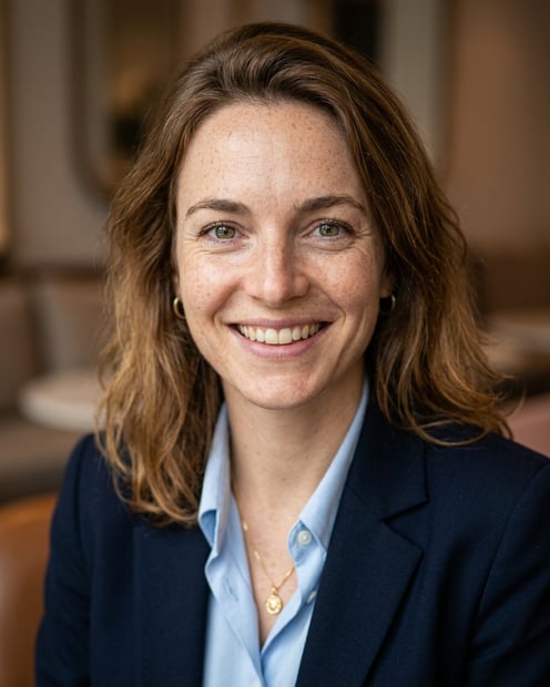 Cafe · Navy blazer with light blue shirt headshot example