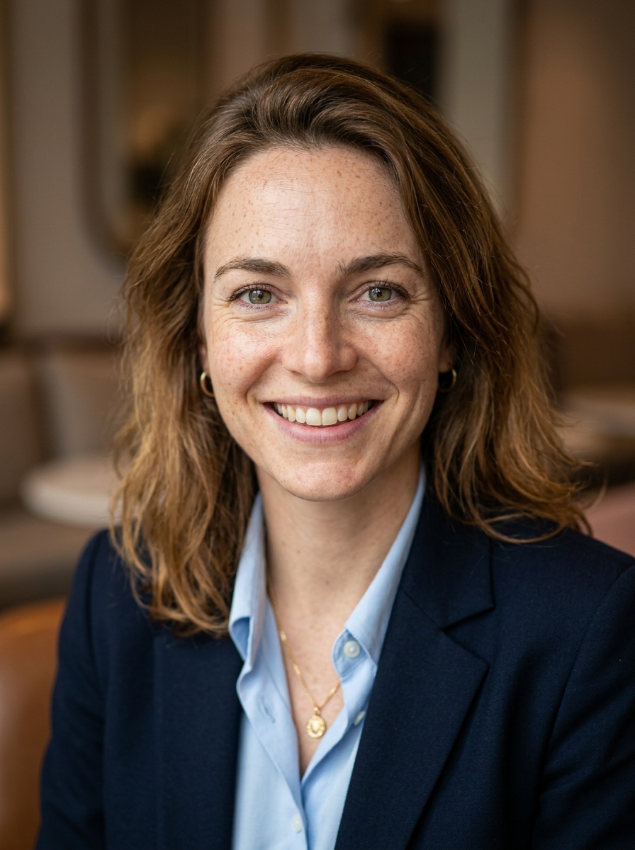 Professional AI LinkedIn headshot in Navy blazer with light blue shirt on Cafe (warm professional)