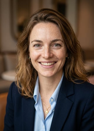 Professional AI LinkedIn headshot in Navy blazer with light blue shirt on Cafe (warm professional)