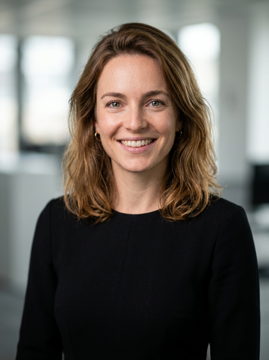 Professional AI LinkedIn headshot in Black midi fitted dress on Office / Modern Office Workspace