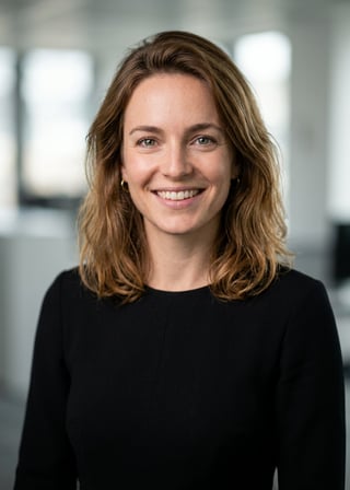 Professional AI LinkedIn headshot in Black midi fitted dress on Office / Modern Office Workspace