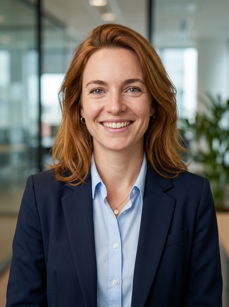 Professional AI LinkedIn headshot in Navy blazer with light blue shirt on Office / Modern Office Workspace