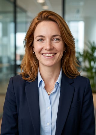 Professional AI LinkedIn headshot in Navy blazer with light blue shirt on Office / Modern Office Workspace