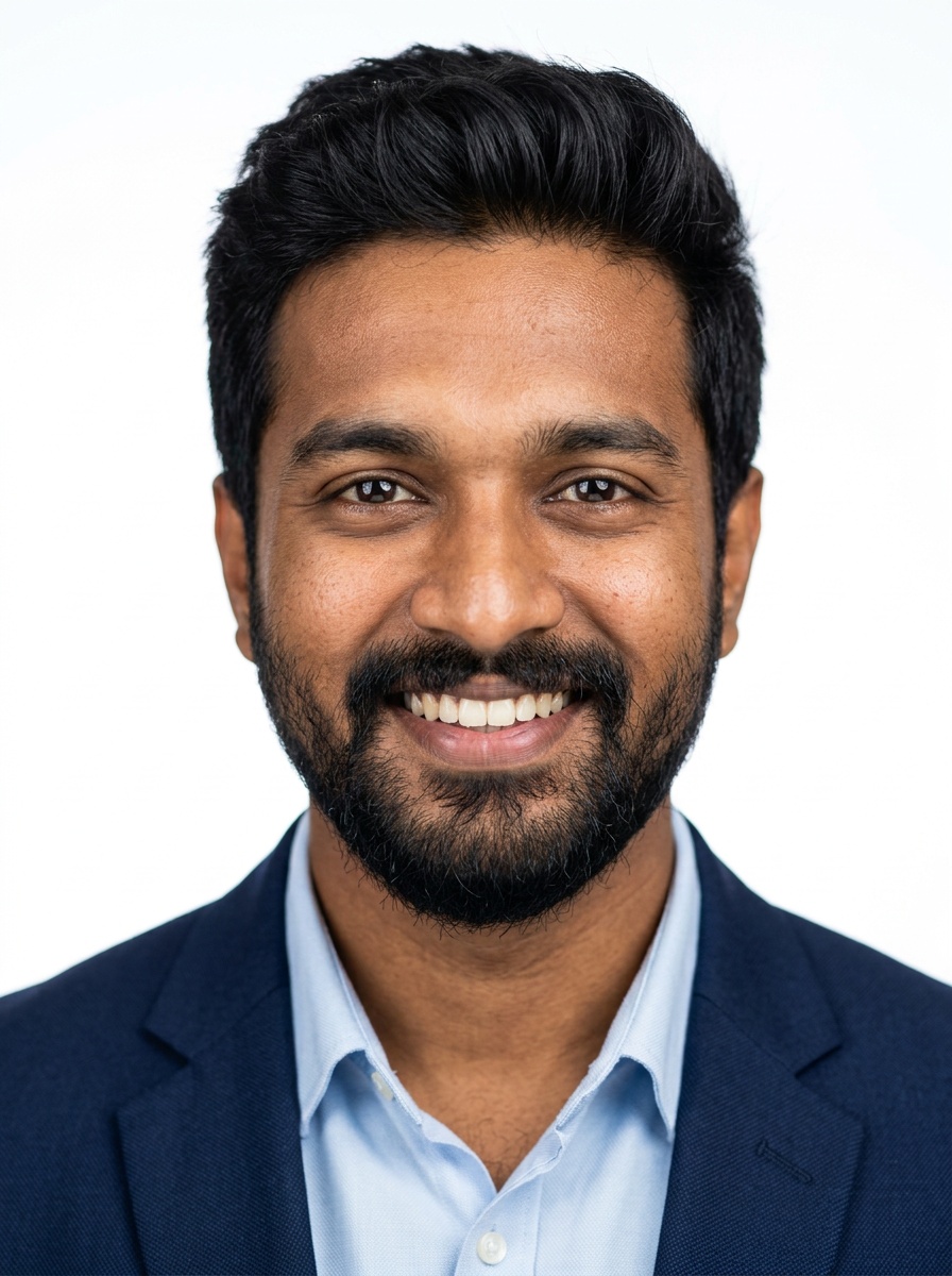 Professional AI LinkedIn headshot in Navy blazer with light blue shirt on White / Pure White Studio