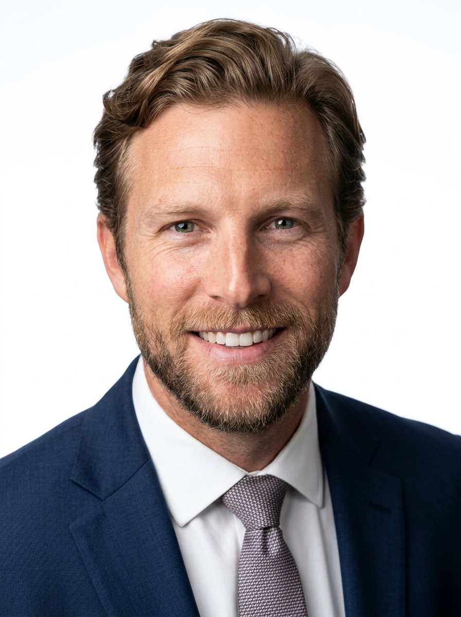 Professional AI LinkedIn headshot in Dark blue tailored suit on White / Pure White Studio
