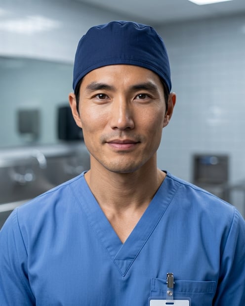 Clean Scrub Room · Surgical Scrubs with Cap headshot example