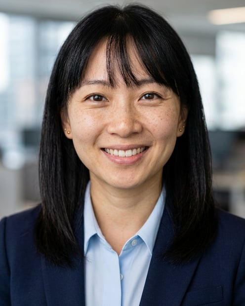 Office / Modern Office Workspace · Navy blazer with light blue shirt headshot example
