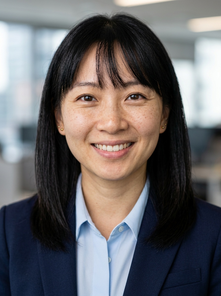 Professional AI LinkedIn headshot in Navy blazer with light blue shirt on Office / Modern Office Workspace