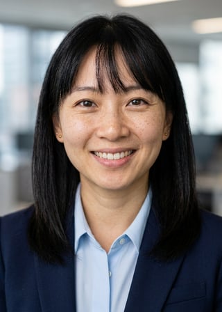 Professional AI LinkedIn headshot in Navy blazer with light blue shirt on Office / Modern Office Workspace