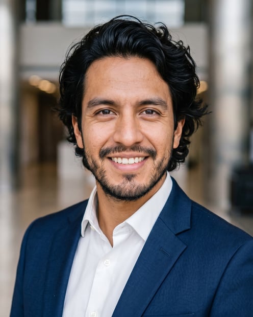 Lobby · Navy tailored suit headshot example