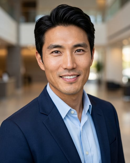 Lobby · Navy blazer with light blue shirt headshot example