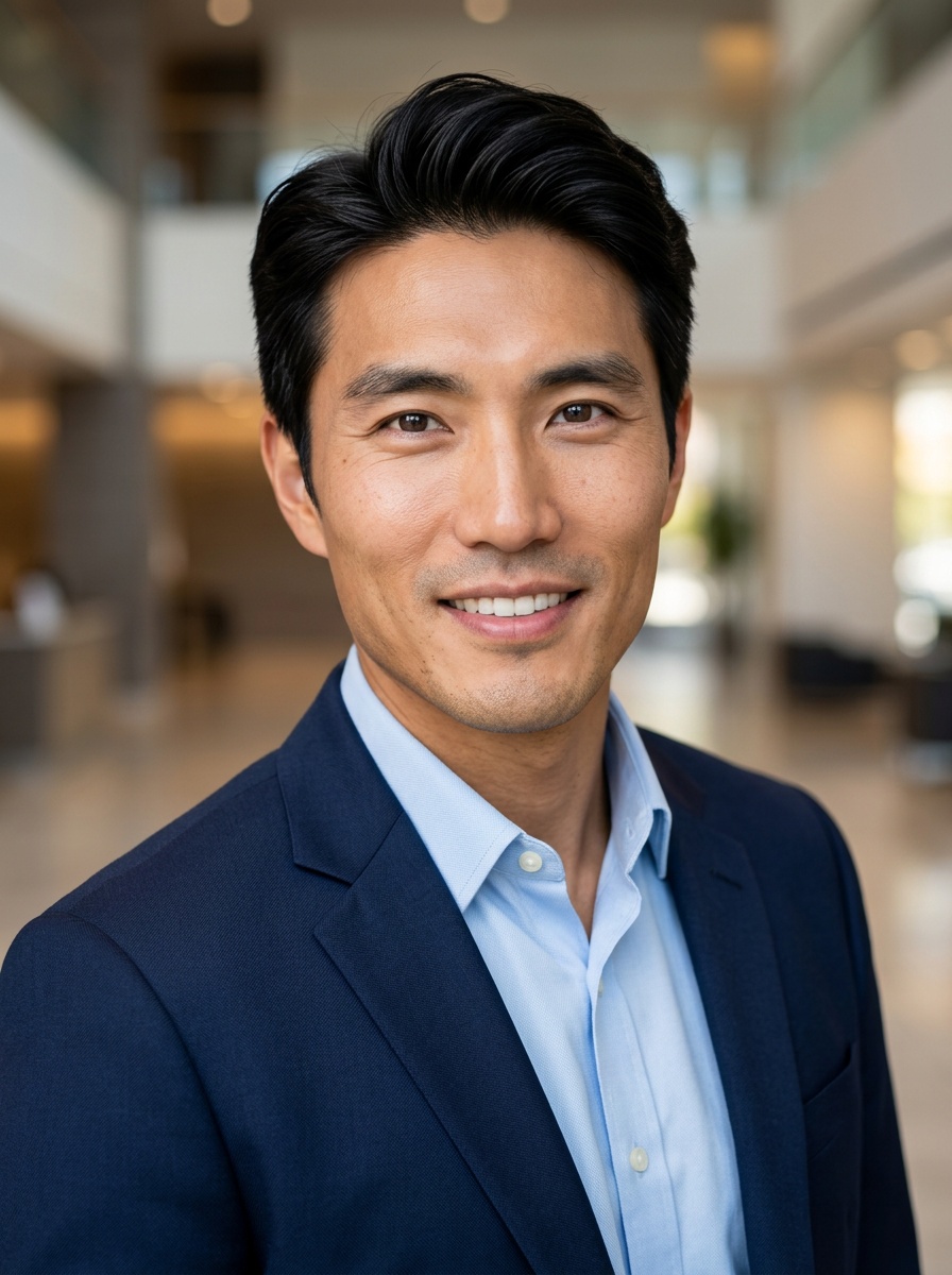 Professional AI LinkedIn headshot in Navy blazer with light blue shirt on Lobby (corporate lobby)