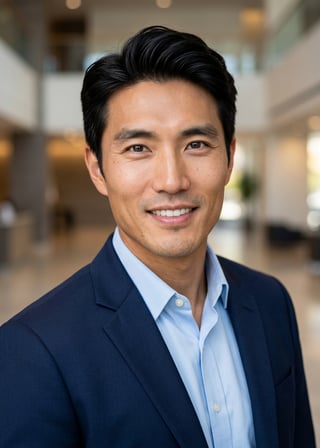 Professional AI LinkedIn headshot in Navy blazer with light blue shirt on Lobby (corporate lobby)