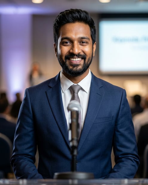 Public Speaking Stage · Dark blue tailored suit headshot example