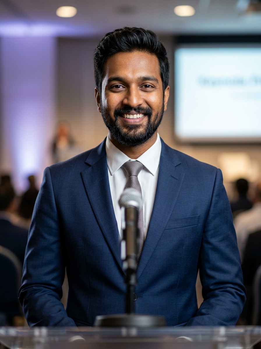 Professional AI LinkedIn headshot in Dark blue tailored suit on Public Speaking Stage