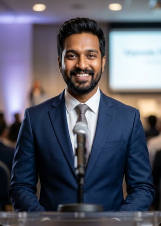 Professional AI LinkedIn headshot in Dark blue tailored suit on Public Speaking Stage
