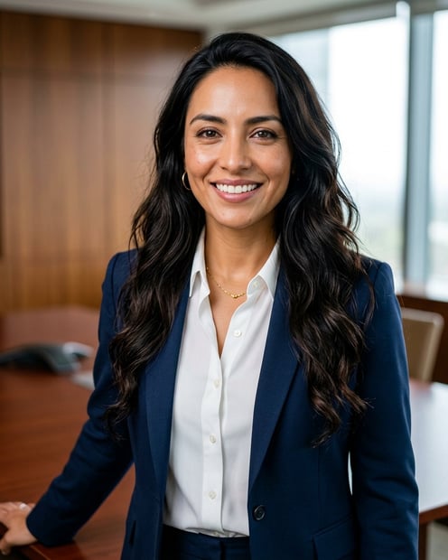 Warm Wood Conference Room · Navy Suit with White Shirt headshot example
