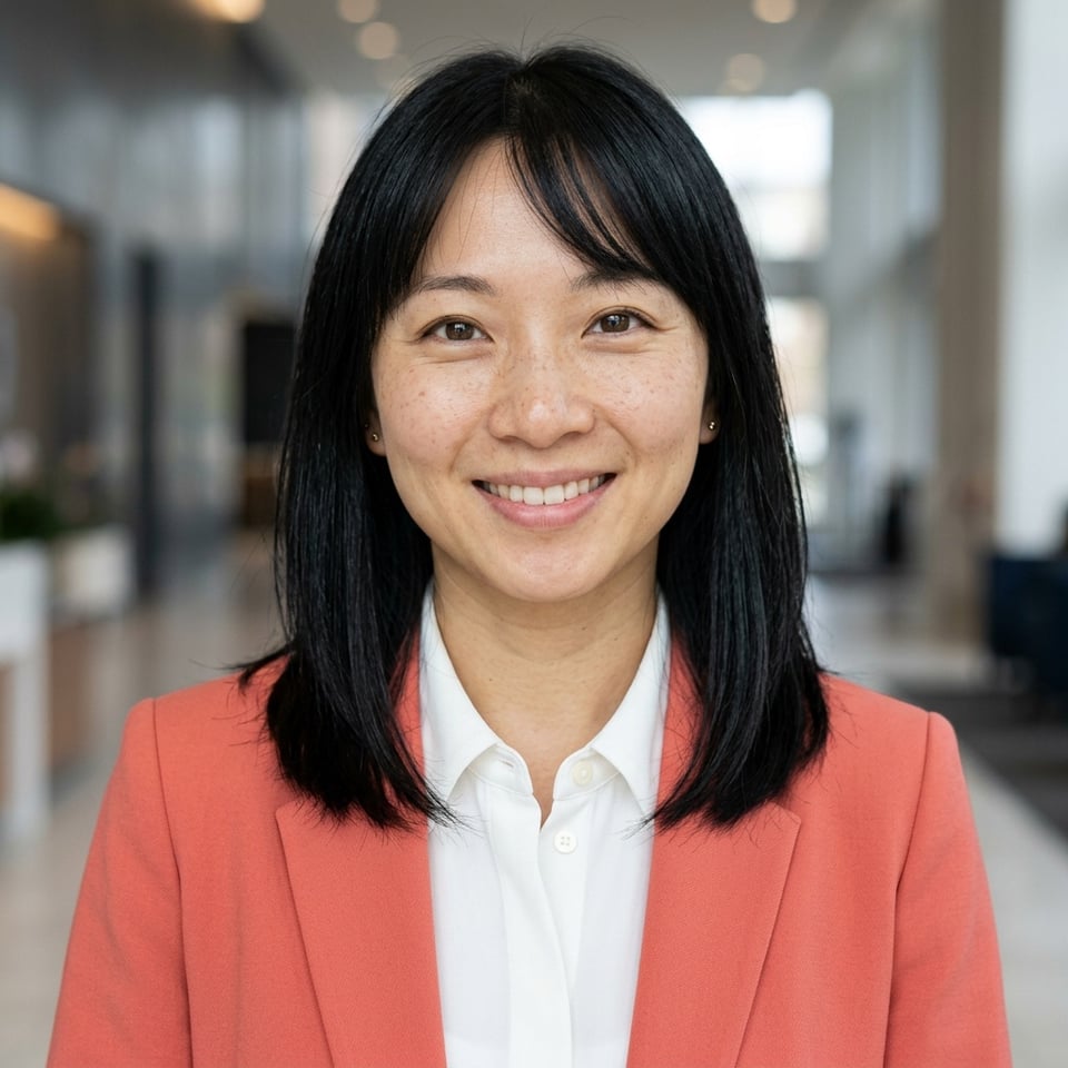 Professional AI LinkedIn headshot in Coral blazer over white blouse on Lobby (corporate lobby)