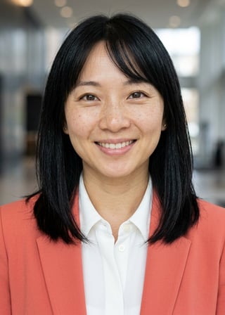Professional AI LinkedIn headshot in Coral blazer over white blouse on Lobby (corporate lobby)