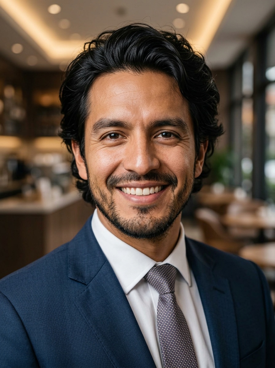 Professional AI LinkedIn headshot in Dark blue tailored suit on Cafe (warm professional)