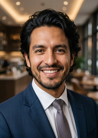 Professional AI LinkedIn headshot in Dark blue tailored suit on Cafe (warm professional)