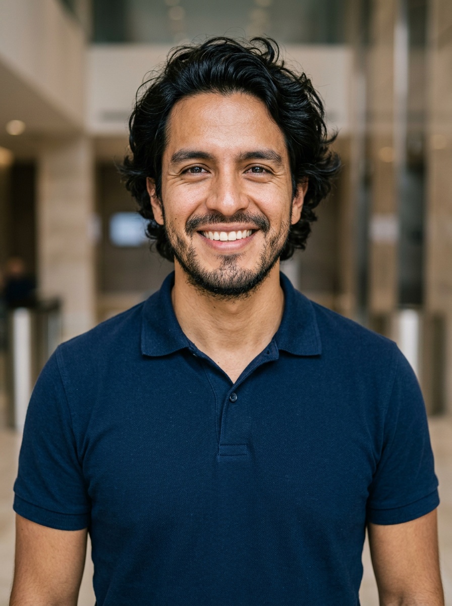 Professional AI LinkedIn headshot in Navy blue short-sleeve polo on Lobby (corporate lobby)