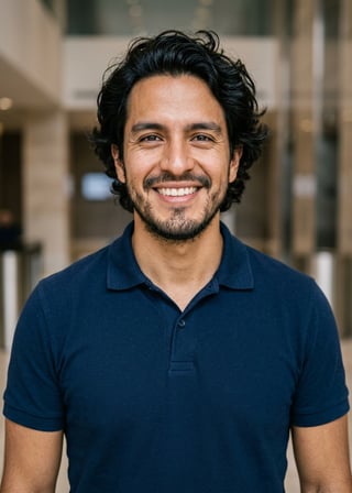 Professional AI LinkedIn headshot in Navy blue short-sleeve polo on Lobby (corporate lobby)