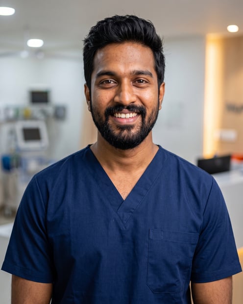 Nurse Station · Navy Scrubs headshot example