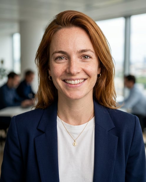 Office / Modern Office Workspace · Open navy blazer over simple white tee headshot example