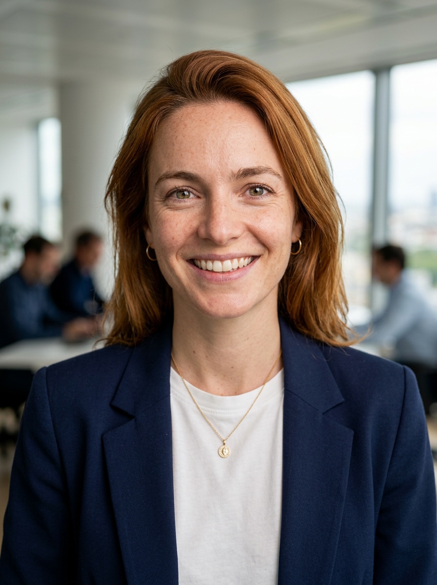 Professional AI LinkedIn headshot in Open navy blazer over simple white tee (tech-casual) on Office / Modern Office Workspace