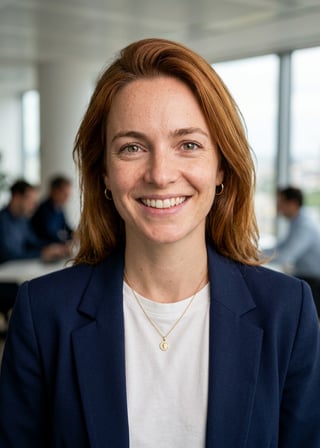 Professional AI LinkedIn headshot in Open navy blazer over simple white tee (tech-casual) on Office / Modern Office Workspace