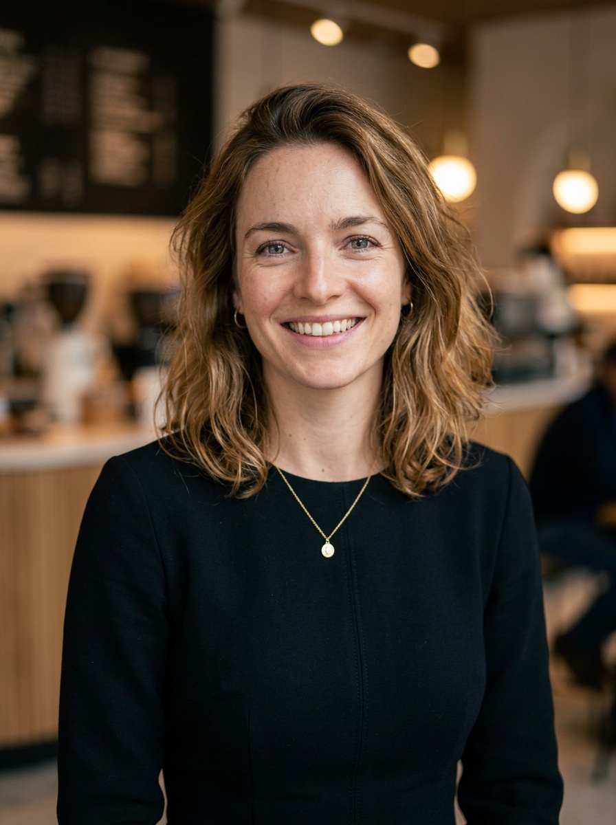 Professional AI LinkedIn headshot in Black midi fitted dress on Cafe (warm professional)
