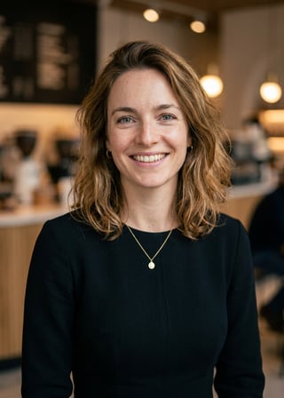 Professional AI LinkedIn headshot in Black midi fitted dress on Cafe (warm professional)