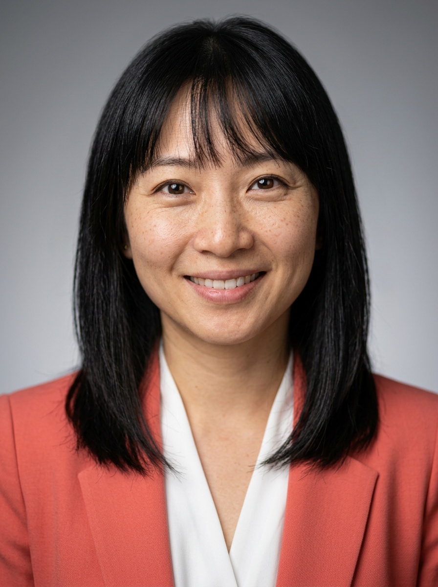 Professional AI LinkedIn headshot in Coral blazer over white blouse on Neutral Gradient / Light Grey