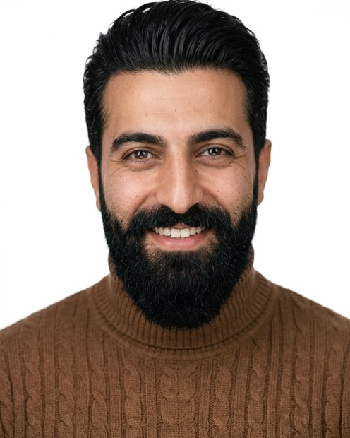 White / Pure White Studio · Brown cable-knit turtleneck headshot example