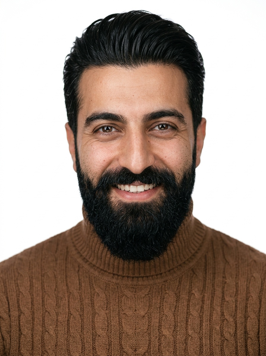 Professional AI LinkedIn headshot in Brown cable-knit turtleneck on White / Pure White Studio