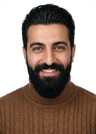 Professional AI LinkedIn headshot in Brown cable-knit turtleneck on White / Pure White Studio