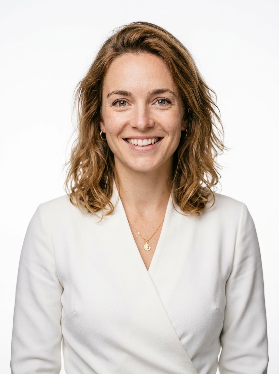 Professional AI LinkedIn headshot in White wrap dress on White / Pure White Studio