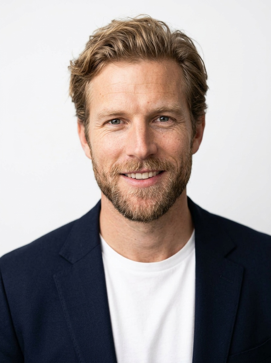 Professional AI LinkedIn headshot in Open navy blazer over simple white tee (tech-casual) on White / Pure White Studio