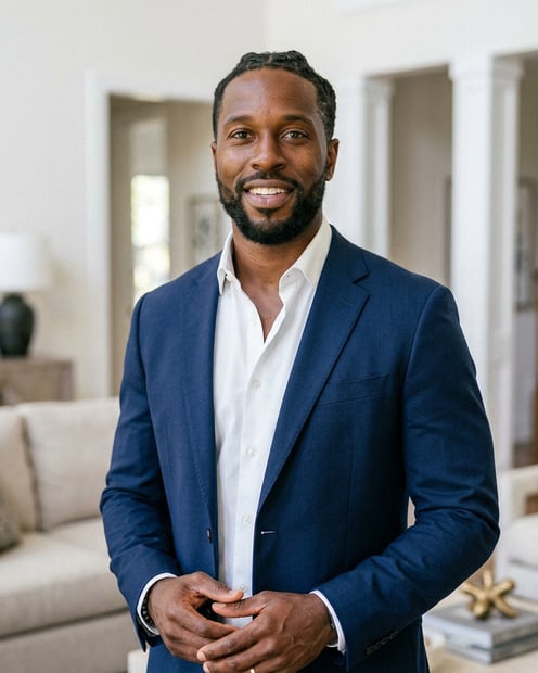 Staged Luxury Living Room · Open-Collar Blazer headshot example