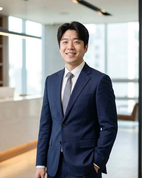 City Skyline · Navy Suit headshot example
