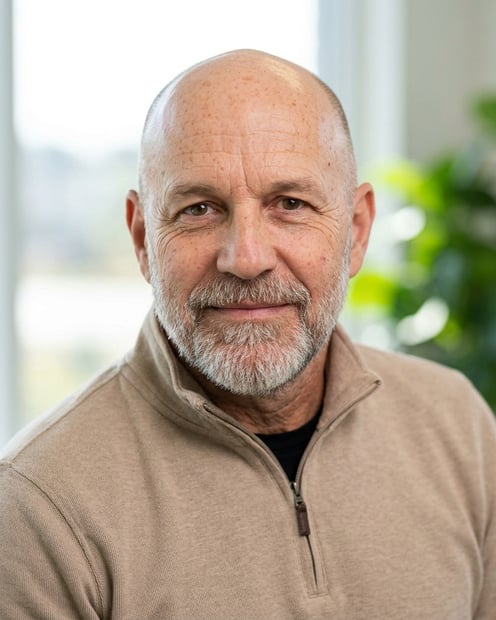 Window · Beige quarter-zip pullover headshot example