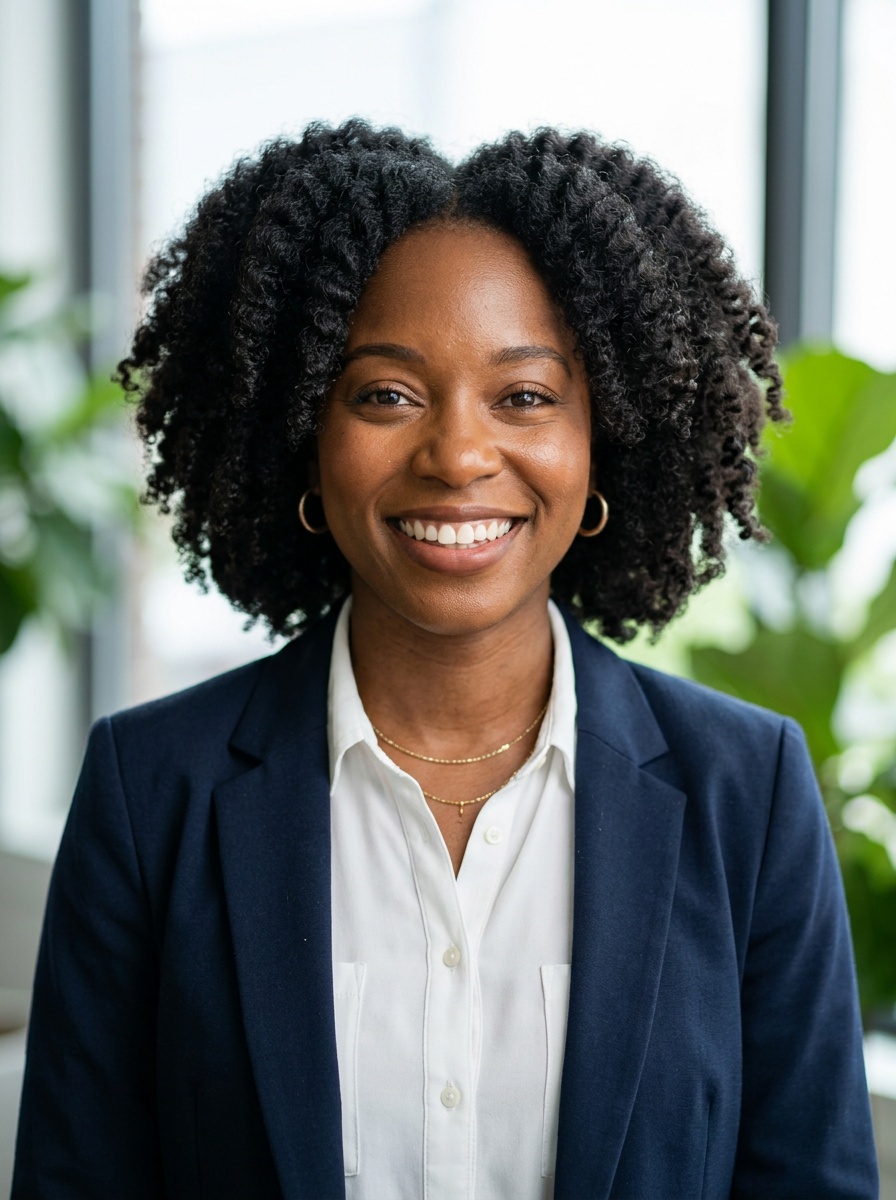 Professional AI LinkedIn headshot in White button-up shirt on Office / Modern Office Workspace