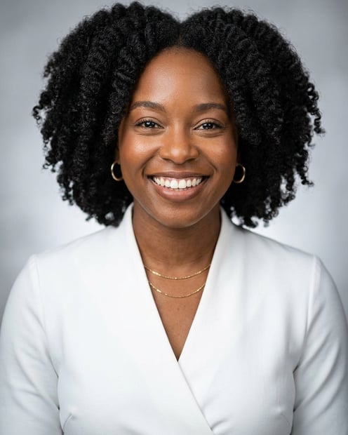 Neutral Gradient / Light Grey · White wrap dress headshot example