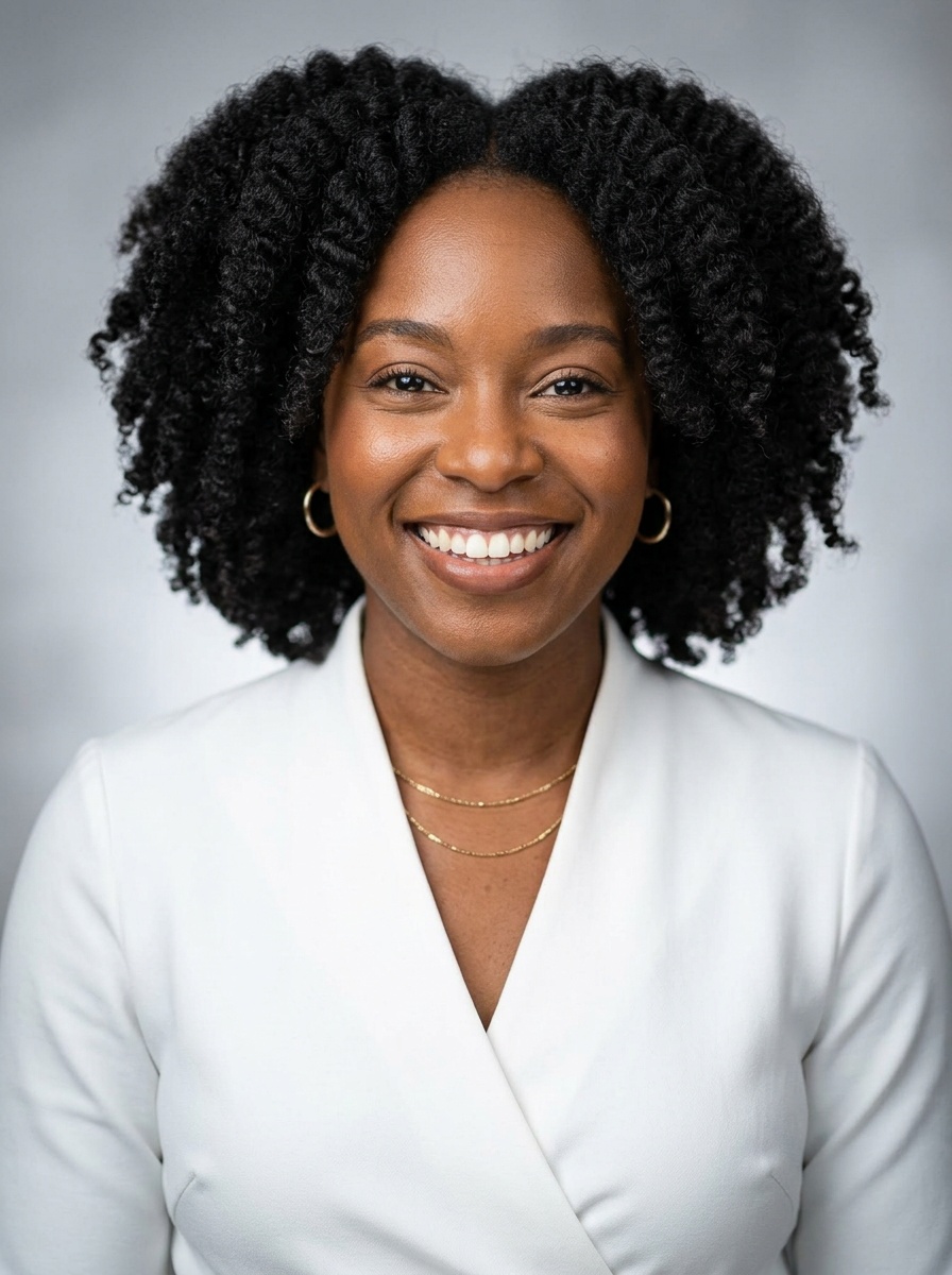 Professional AI LinkedIn headshot in White wrap dress on Neutral Gradient / Light Grey