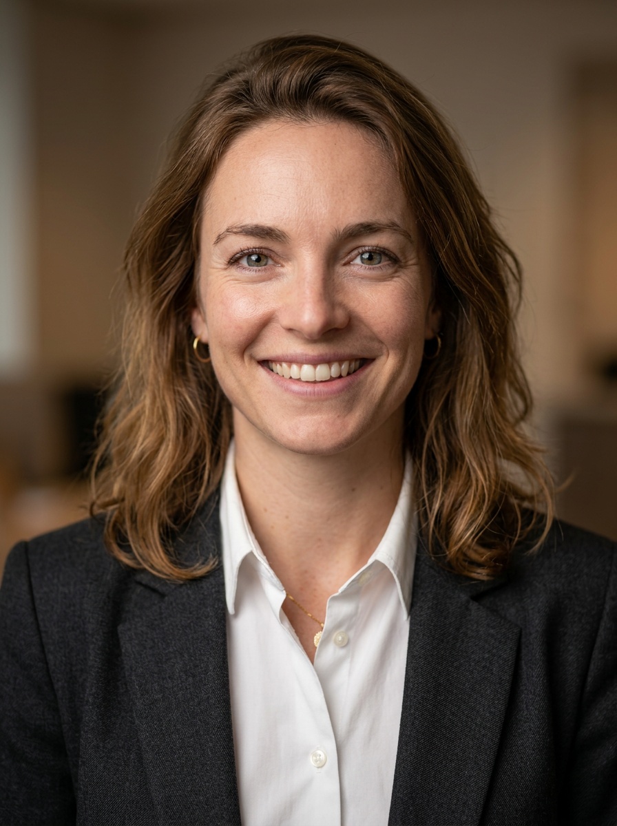 Professional AI LinkedIn headshot in White button-up shirt on Cafe (warm professional)