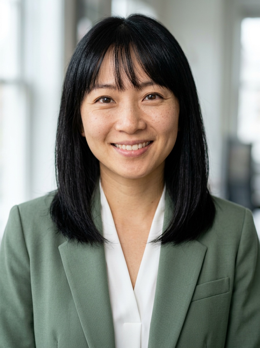 Professional AI LinkedIn headshot in Sage green blazer with white blouse (2026 trend) on Office / Modern Office Workspace