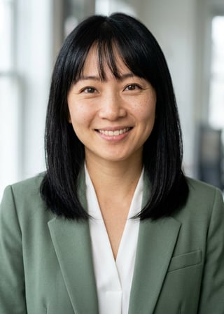 Professional AI LinkedIn headshot in Sage green blazer with white blouse (2026 trend) on Office / Modern Office Workspace